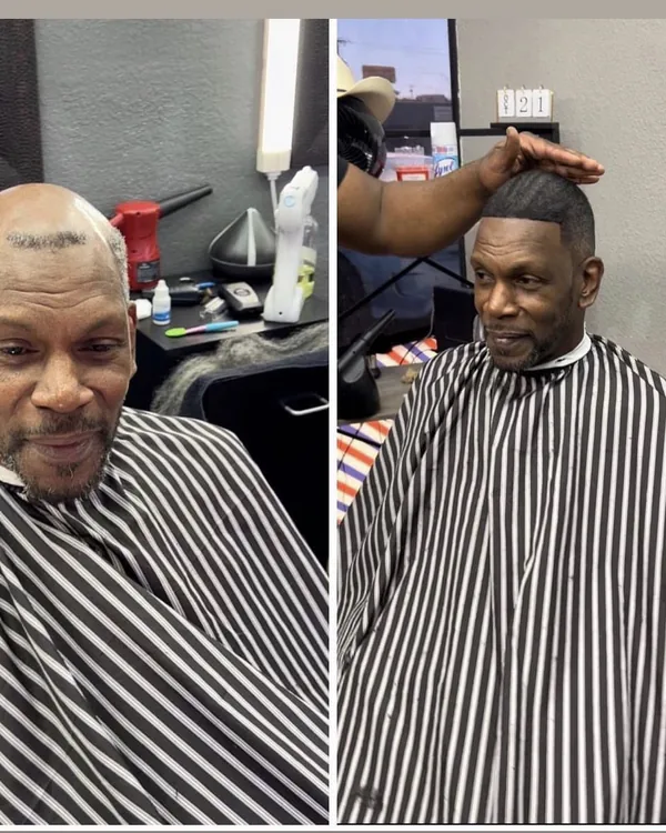 Two clients in striped capes while a student works on one of them